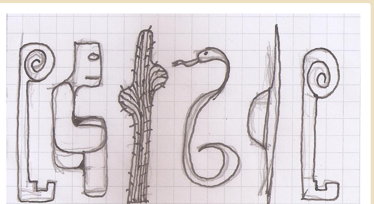 The five hand-drawn Hieroglyphs: Key, Inca, Cactus, Cobra, Sombrero